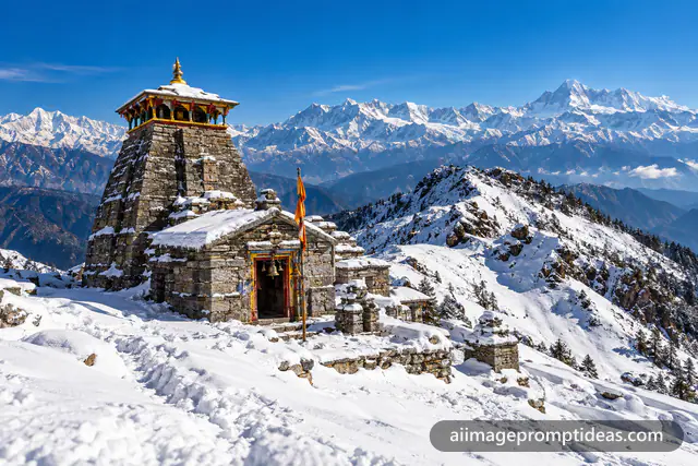 Ancient stone Tungnath temple covered in snow with Himalayan peaks under a blue sky, AI generated
