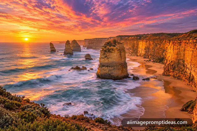 Limestone sea stacks of the Twelve Apostles at golden sunset, AI generated