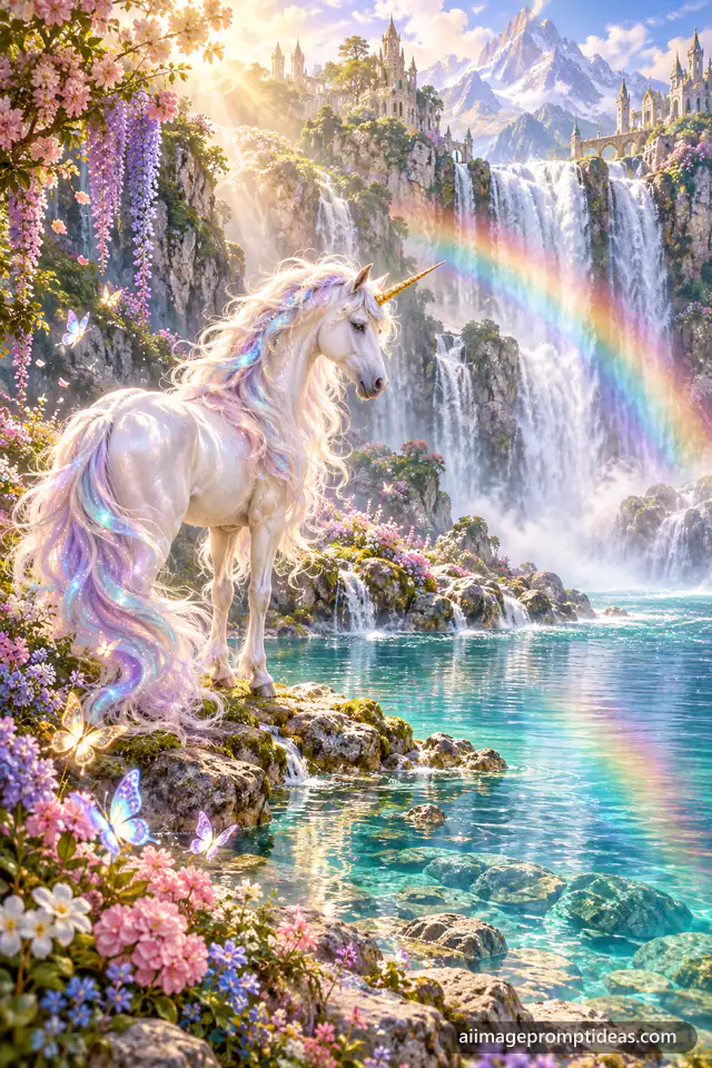 White unicorn with a pearly mane by a waterfall with a rainbow in an enchanted valley, AI generated