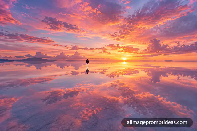 Salar de Uyuni salt flat mirror reflecting a pink sunset sky with a lone figure, AI generated