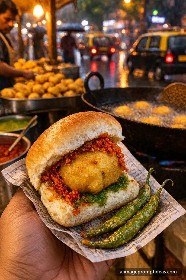 Hand holding a Mumbai vada pav with chutney and fried chilies at a rainy street stall, AI generated