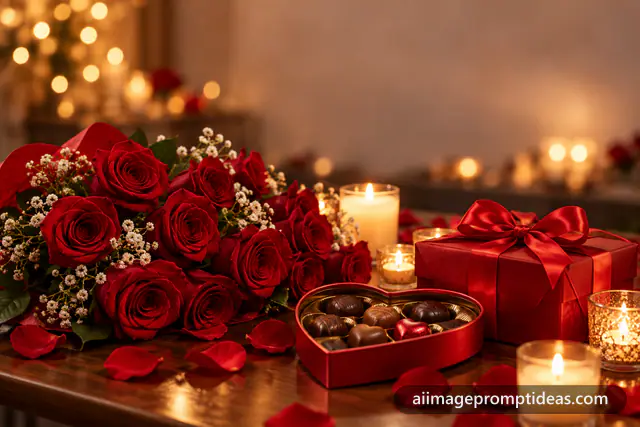 Valentine's Day table with red roses, heart chocolates, a gift box and glowing candles, AI generated