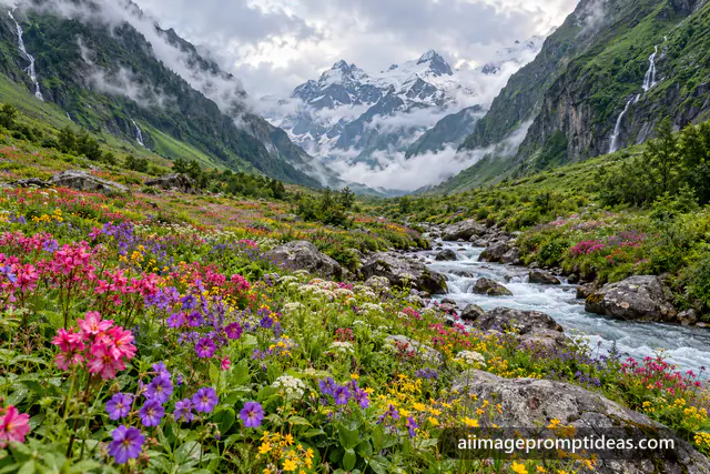 Valley of Flowers in Uttarakhand with colorful wildflower meadows, a stream and misty peaks, AI generated