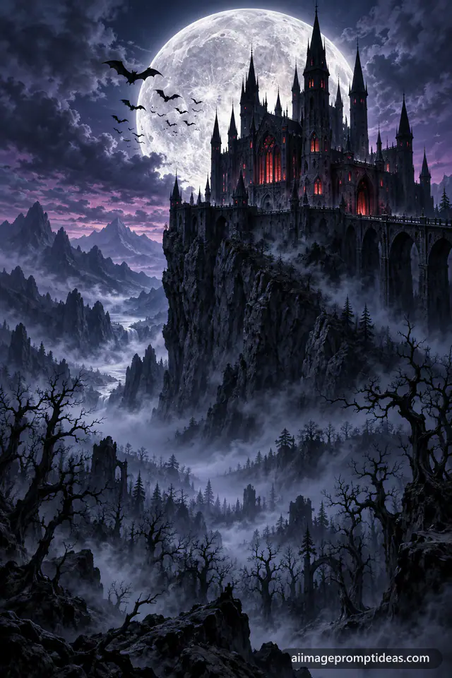 Gothic castle with spires on a jagged cliff under a huge full moon with bats, AI generated