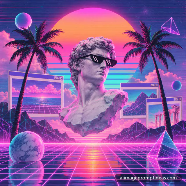 Vaporwave artwork of a marble bust in pixel sunglasses with palm trees and a neon grid sunset, AI generated
