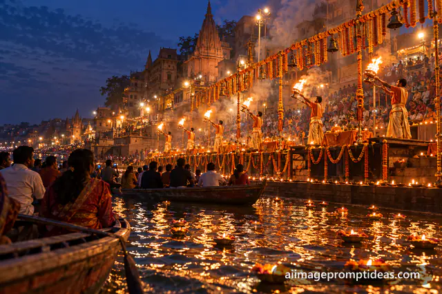 Evening Ganga Aarti at Varanasi with priests raising fire lamps and boats with floating diyas, AI generated