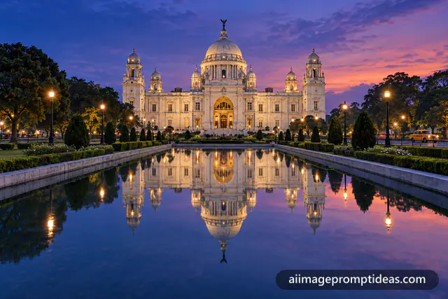 White marble Victoria Memorial in Kolkata at dusk reflected in its long pool, AI generated