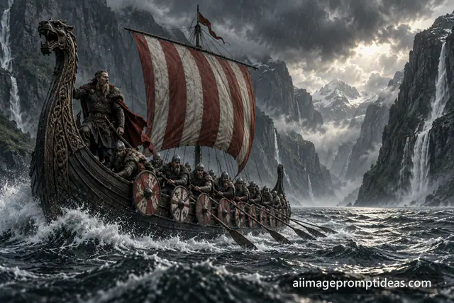 Viking longship with a striped sail in a stormy Norwegian fjord, AI generated