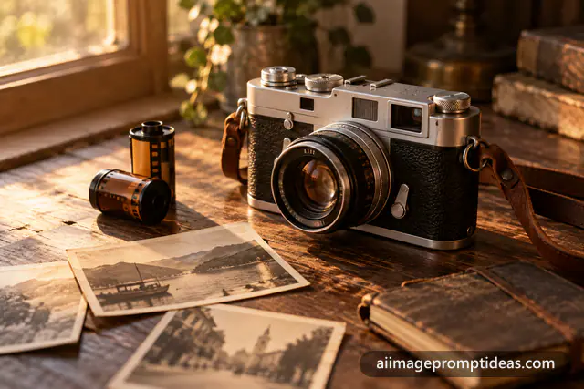 Vintage rangefinder film camera with a leather strap, film rolls and old photos on wood, AI generated