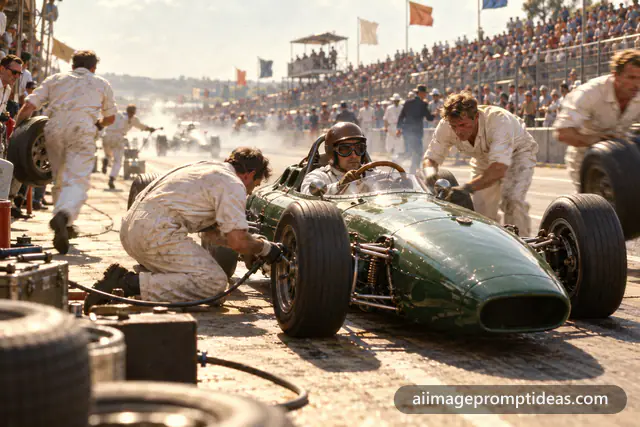 Mechanics servicing a vintage green race car in a 1960s pit lane, AI generated