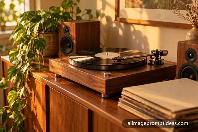 Walnut vinyl record player on a sideboard in warm afternoon light, AI generated