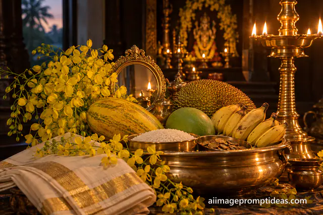 Vishu kani with konna flowers, fruits and a brass lamp at dawn, AI generated