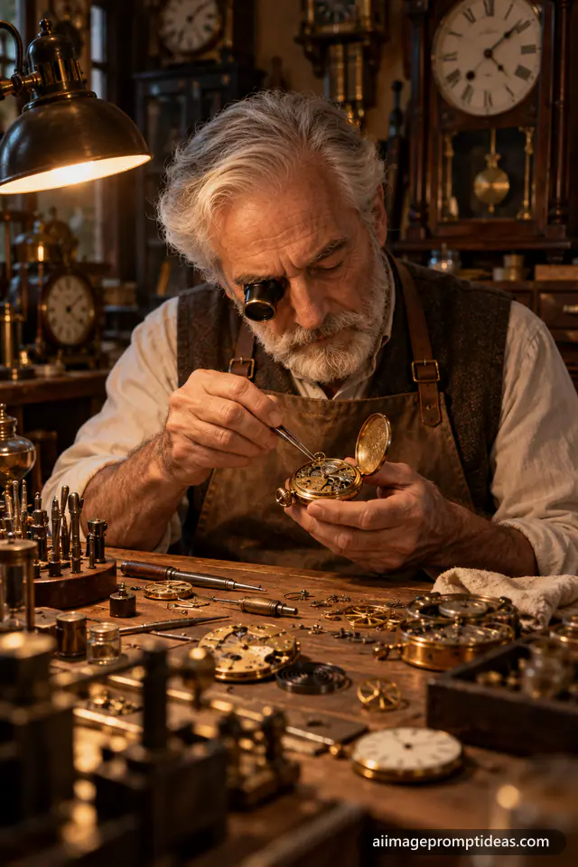 Elderly watchmaker with an eye loupe repairing a pocket watch, AI generated