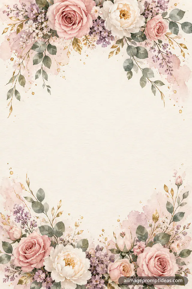 Watercolor wedding invitation with blush roses, peonies and eucalyptus framing a blank center, AI generated