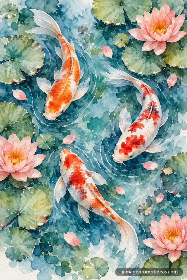 Watercolor painting of koi fish swimming among lotus flowers and lily pads, AI generated