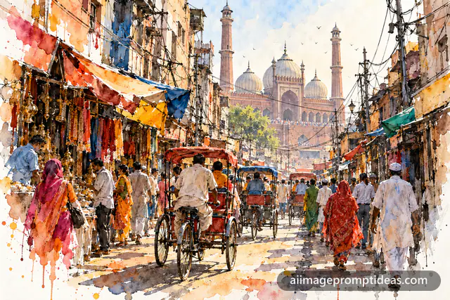 Watercolor sketch of a busy Old Delhi lane with rickshaws and mosque domes, AI generated