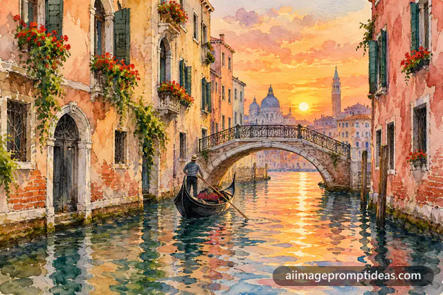 Watercolor painting of a Venice canal with a gondola, flower boxes and sunset reflections, AI generated