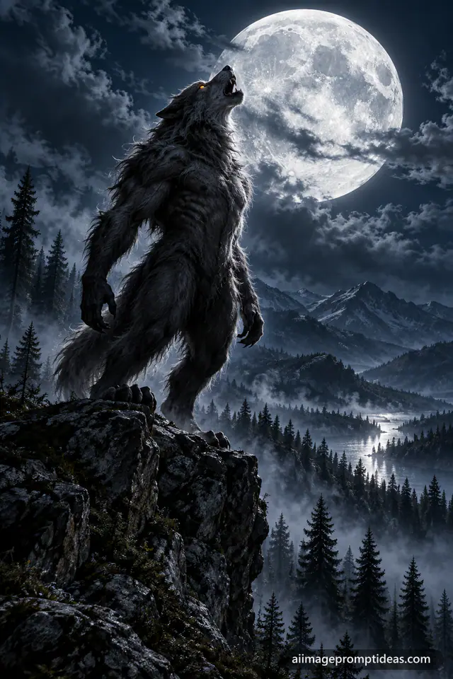 Werewolf on a rocky outcrop howling at a huge full moon above a misty pine forest, AI generated