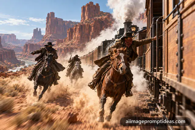 Outlaws on horseback chasing a steam train through a red desert canyon, AI generated