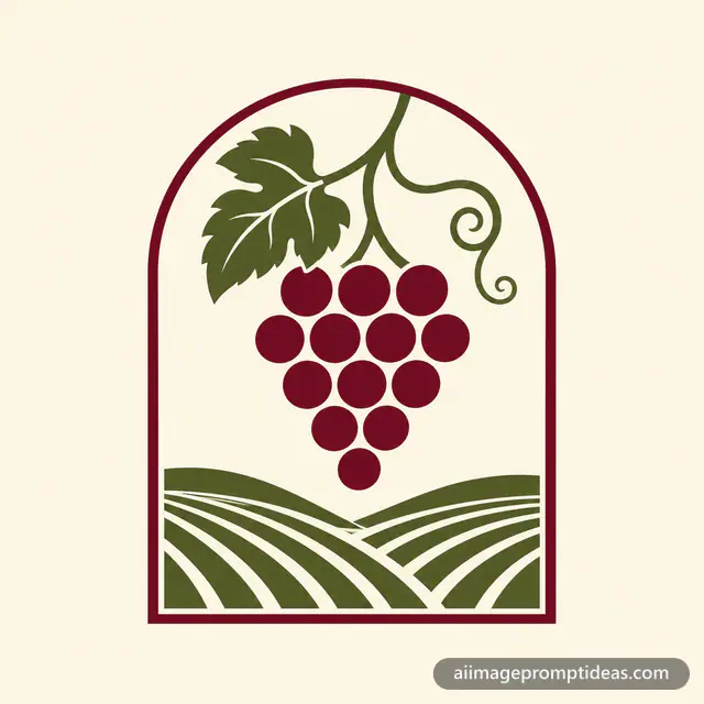 Flat vector winery logo with a grape cluster and vine leaf under an arch, AI generated