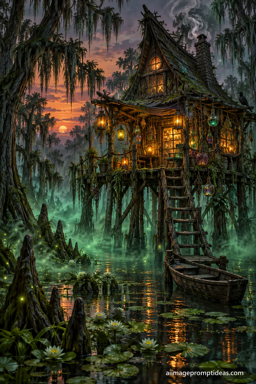 Crooked witch hut on stilts in a foggy swamp with lanterns, AI generated