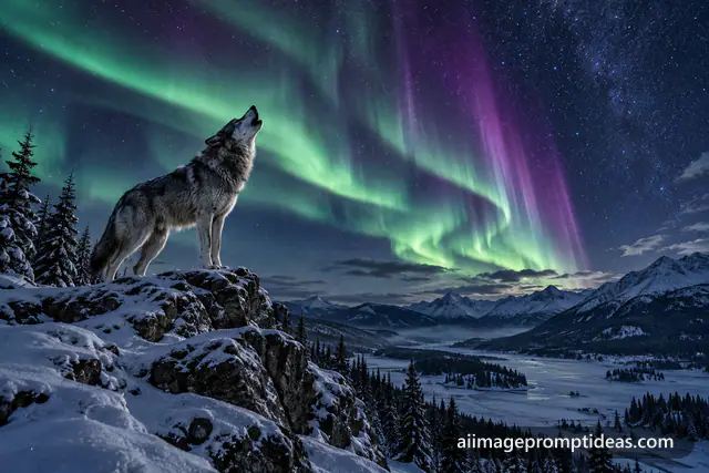 Grey wolf howling on a snowy ridge under green and violet northern lights, AI generated