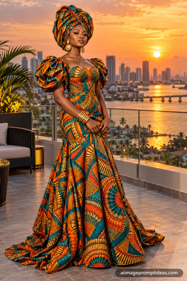 Woman in a bold Ankara print gown and gele headwrap on a Lagos rooftop, AI generated
