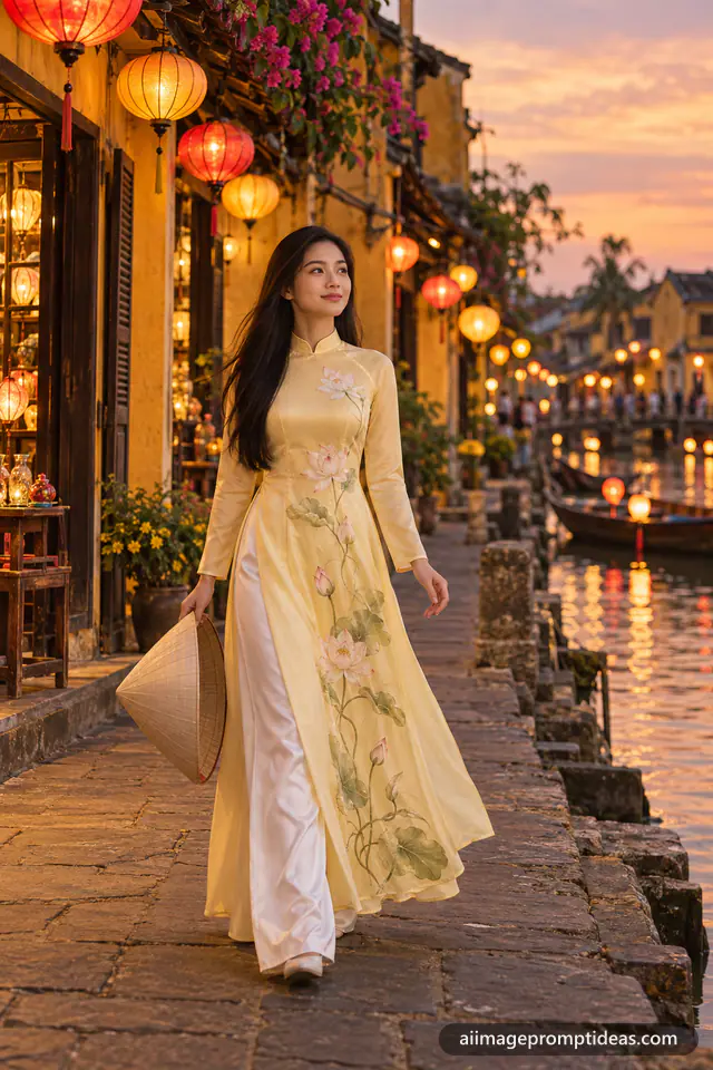 Woman in a pale yellow silk ao dai under glowing lanterns in Hoi An, AI generated