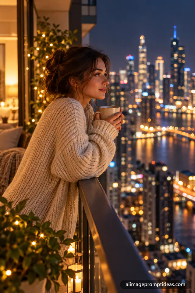 Woman in a cream sweater holding coffee on a high-rise balcony overlooking city lights at night, AI generated