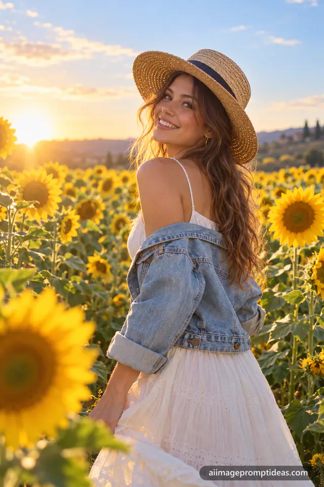 Woman in a denim jacket and white sundress smiling in a sunflower field at golden hour, AI generated
