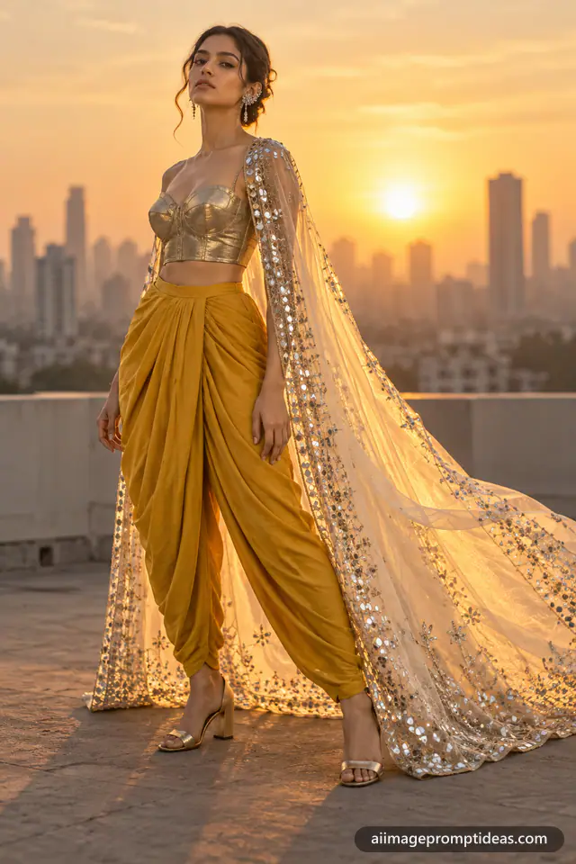 Indian woman in mustard dhoti pants and a sheer embroidered cape on a rooftop, AI generated