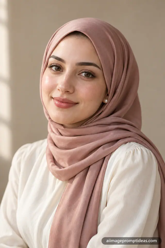 Woman in a dusty rose silk hijab smiling in soft window light, AI generated