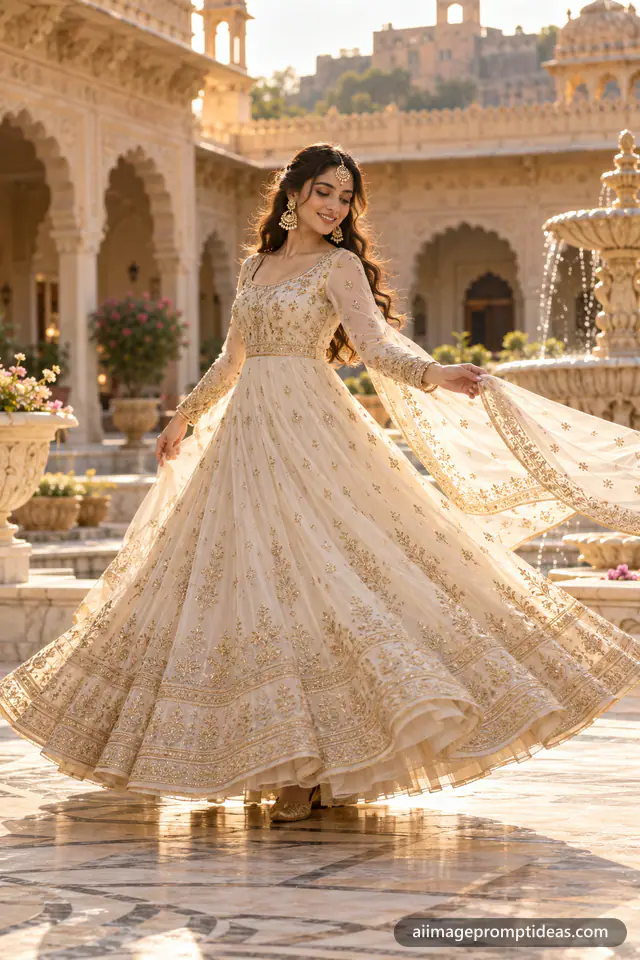 Woman twirling in an ivory and gold anarkali in a palace courtyard, AI generated