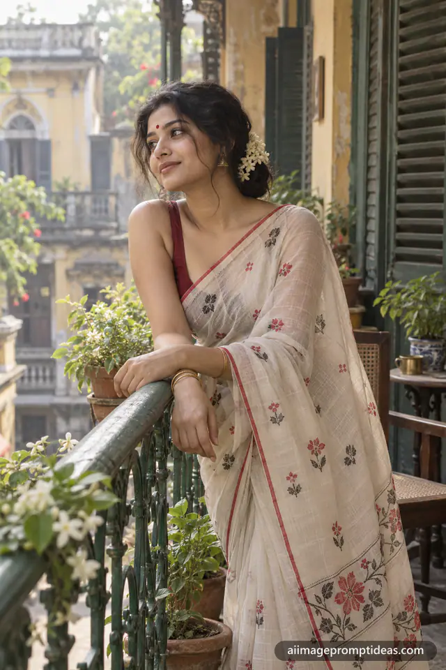 Woman in a white Jamdani saree on a green Kolkata balcony, AI generated
