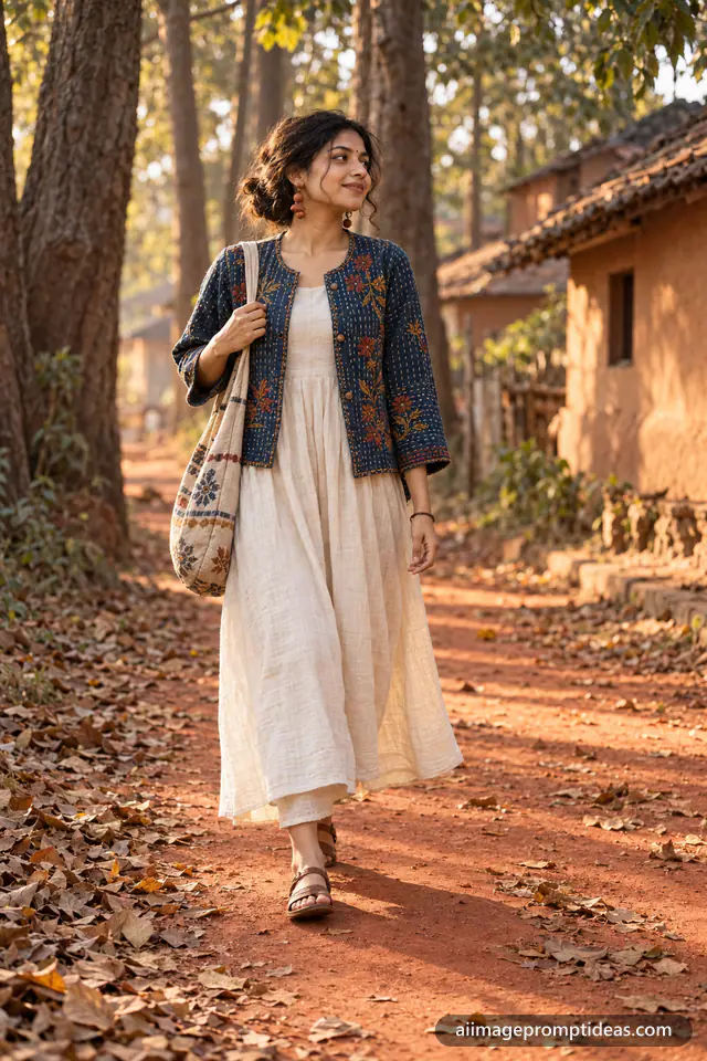 Woman in an indigo kantha jacket walking under sal trees, AI generated