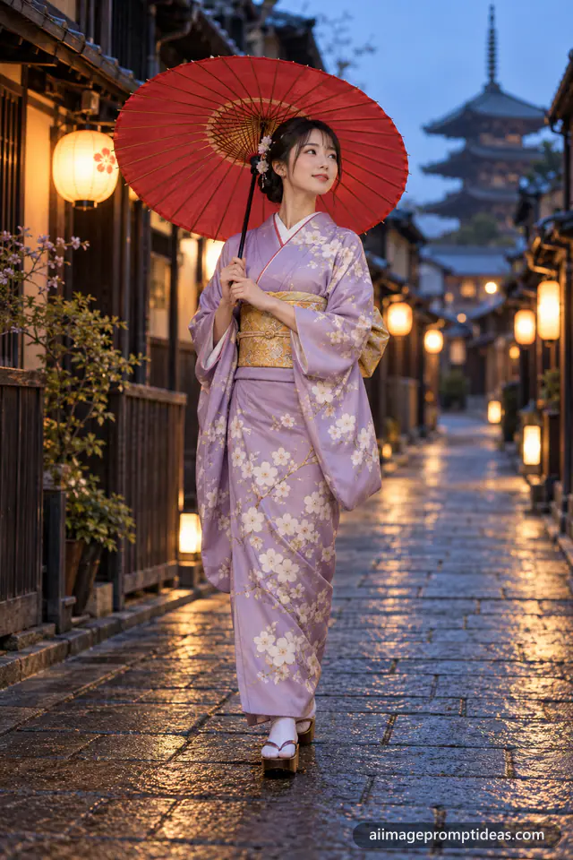 Woman in a lilac silk kimono walking a lantern-lit lane in Kyoto, AI generated