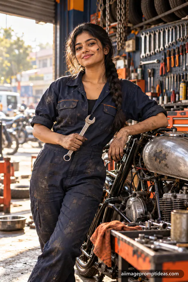 Confident Indian woman mechanic holding a wrench beside a motorcycle in a garage, AI generated