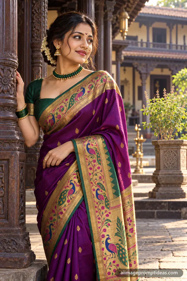 Woman in a purple Paithani silk saree in a Pune wada courtyard, AI generated