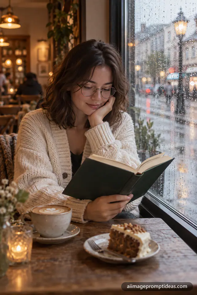 Woman in glasses and a cream cardigan reading a book by a rainy cafe window with a cappuccino, AI generated