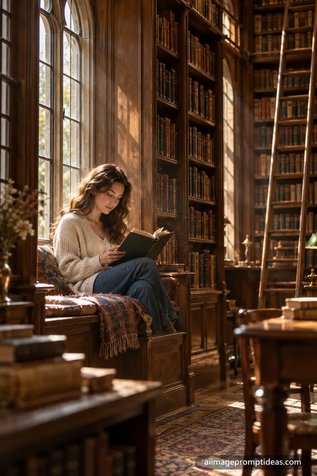 Woman in a cream cardigan reading a book on a window seat in an old library, AI generated