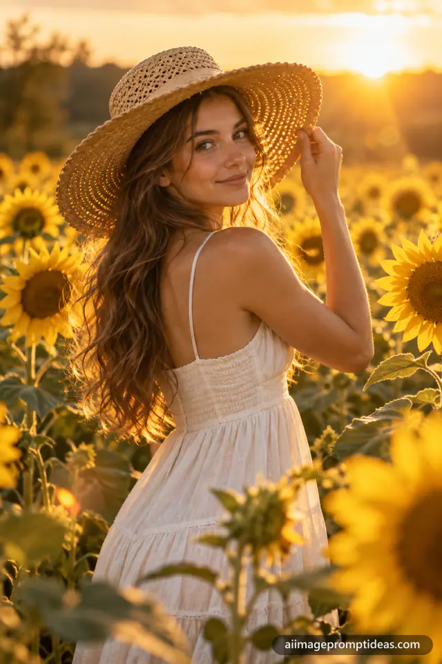 Woman in a white sundress and straw hat smiling among sunflowers at golden hour, AI generated