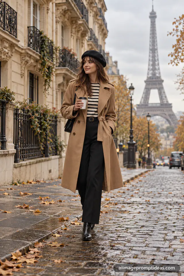 Woman in a camel trench coat and beret walking on a Paris street with the Eiffel Tower behind, AI generated