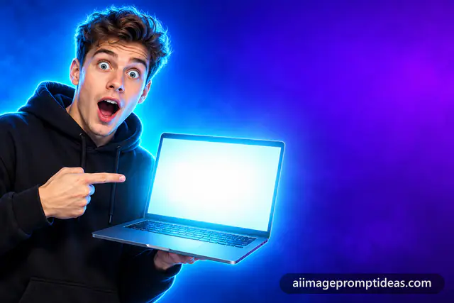 Surprised young man in a black hoodie pointing at a glowing laptop on a blue purple background, YouTube thumbnail style, AI generated